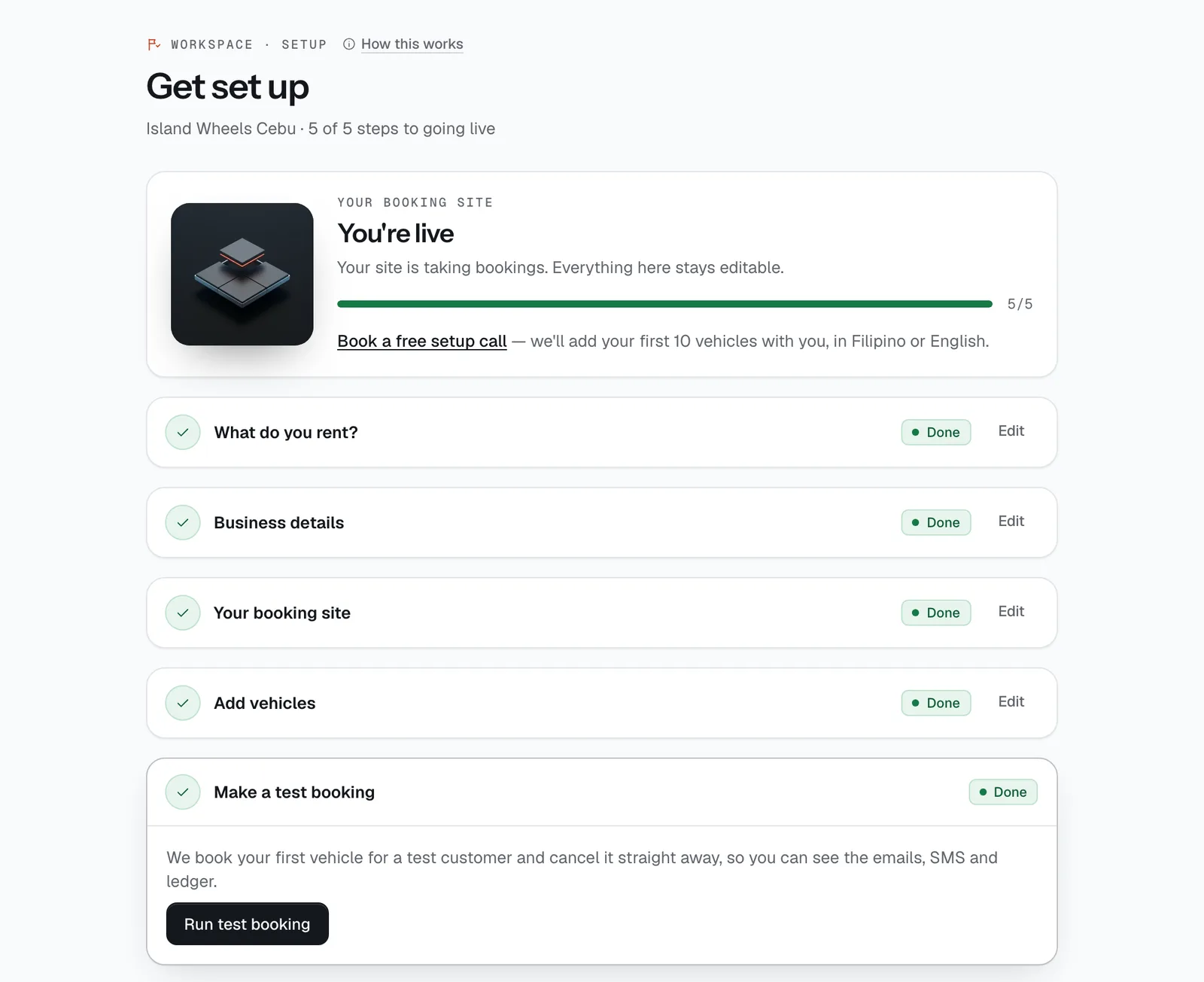 The Get set up checklist with the progress bar and the test booking step open