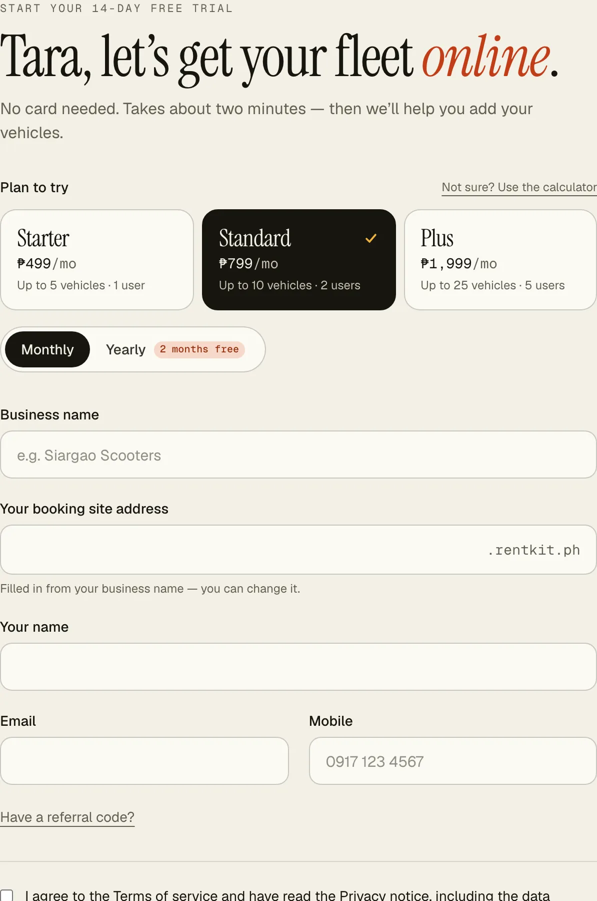 The CeeRent sign-up form: plan, business name, booking site address, name, email and mobile
