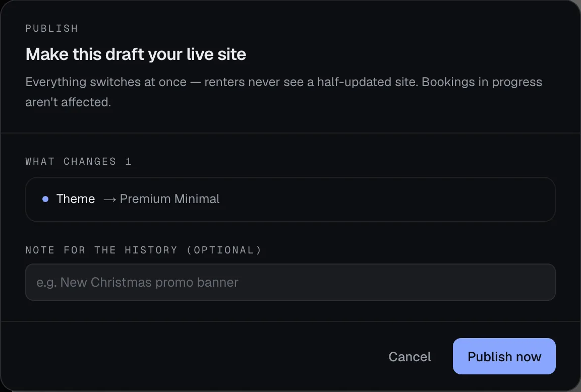 The Publish dialog: what changes, a note for the history, and Publish now