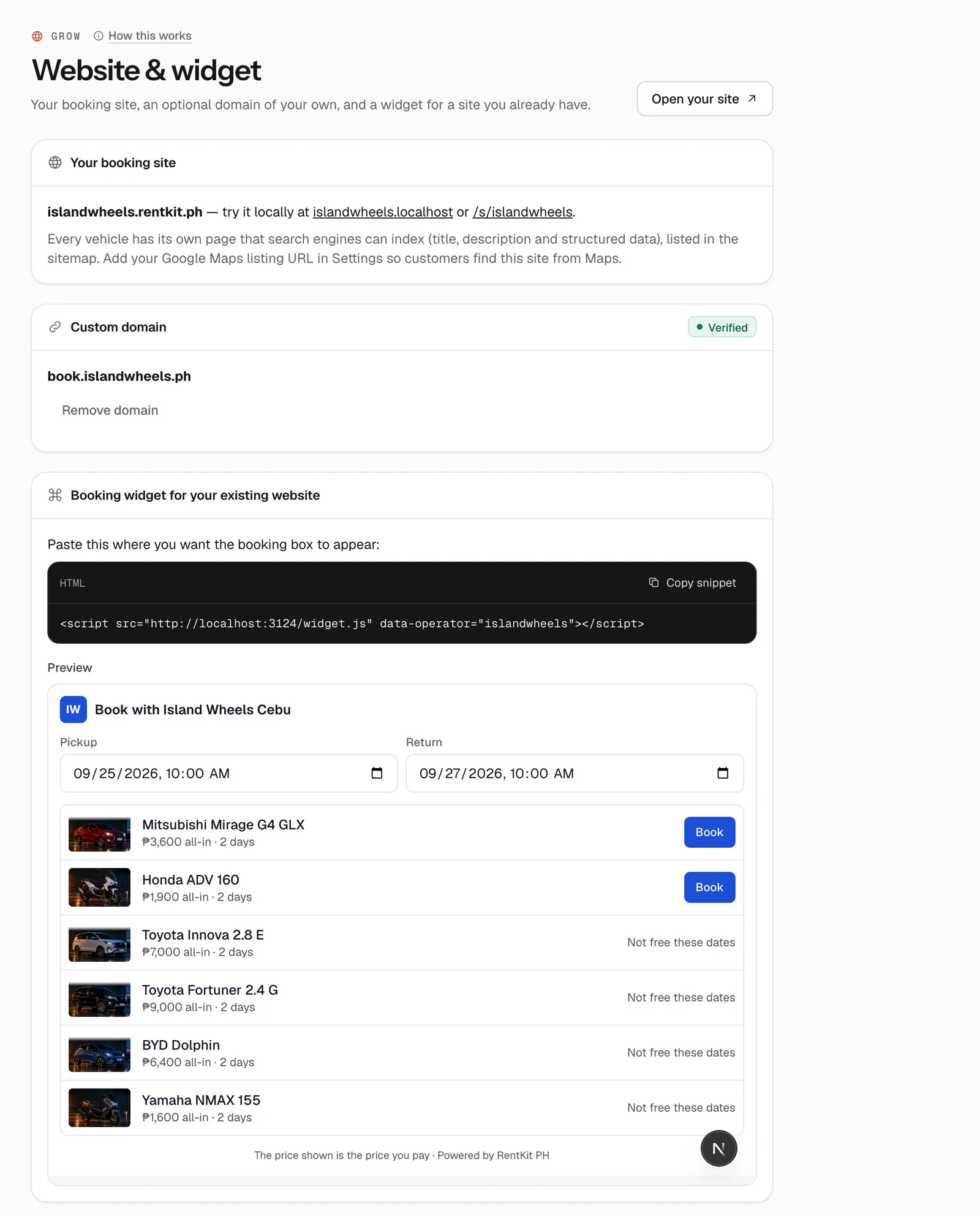 Website & widget: your own domain, and the widget snippet with a live preview