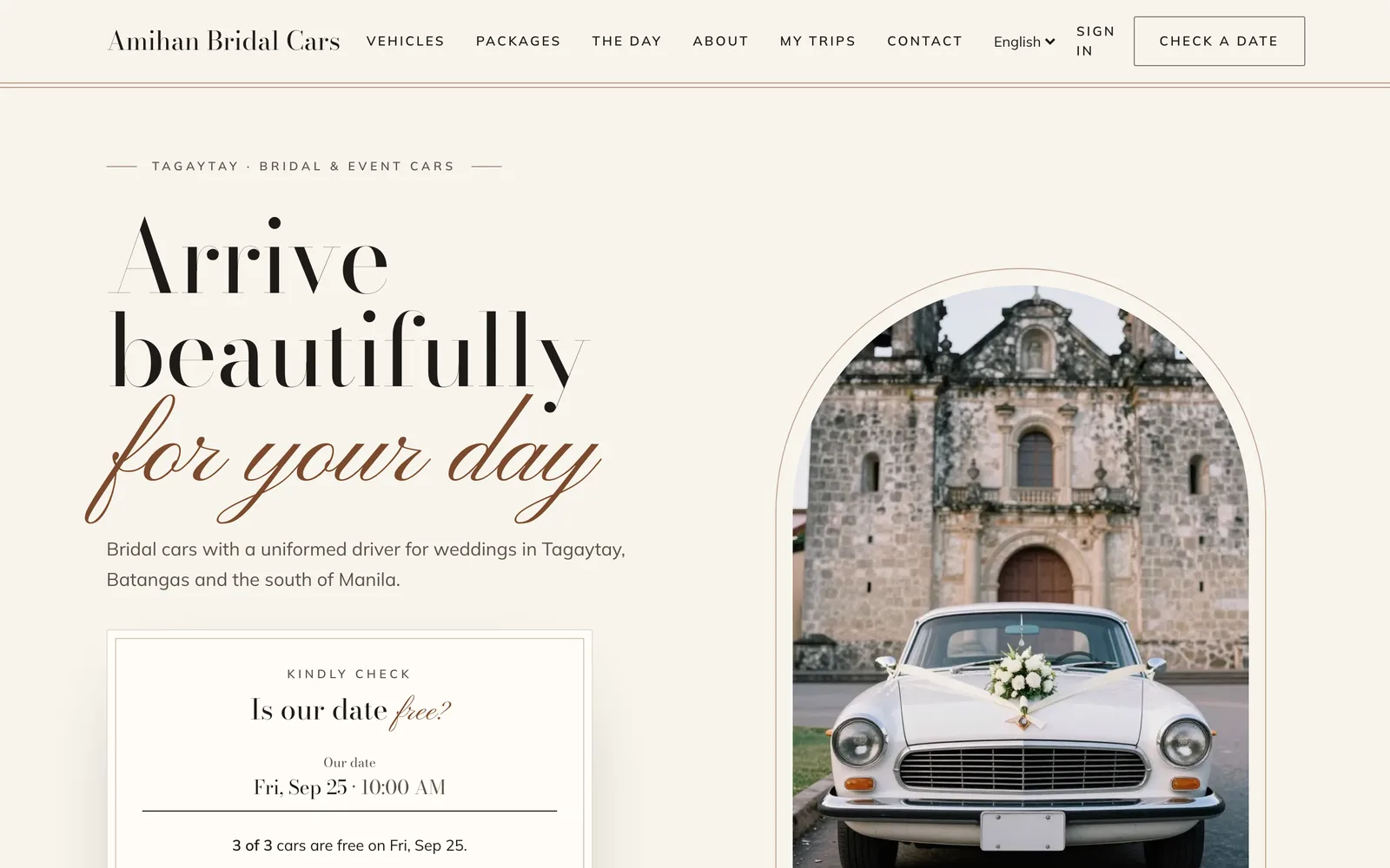 Amihan Bridal Cars' booking site in the Vows theme: ivory stationery with a date check for the wedding day