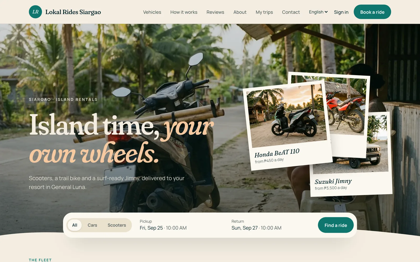 Lokal Rides Siargao's booking site in the Island Coastal theme: sand and sea teal with postcards