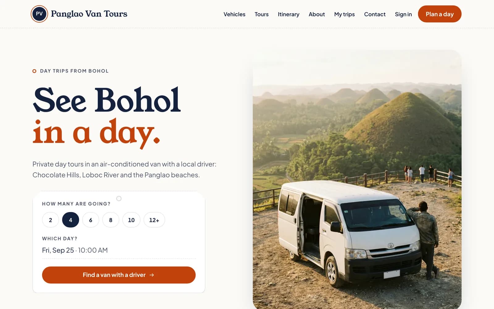 Panglao Van Tours' booking site in the Wayfarer theme: a day planner that asks how many are going
