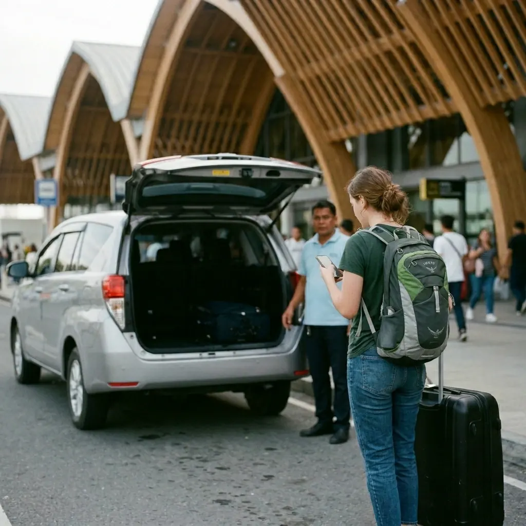 A traveller at the Mactan airport curb checks her phone beside a waiting Innova