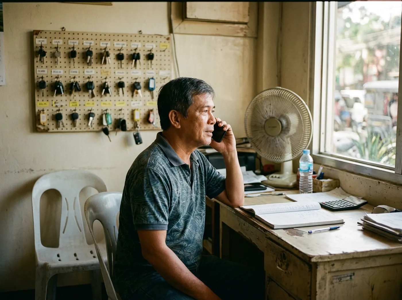 A rental operator on a phone call at his office desk, car keys on a pegboard behind him