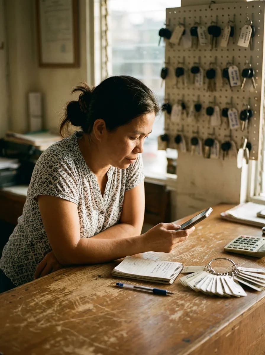 A rental operator reads her phone at a wooden counter, a notebook and a ring of key tags beside her and a pegboard of keys behind