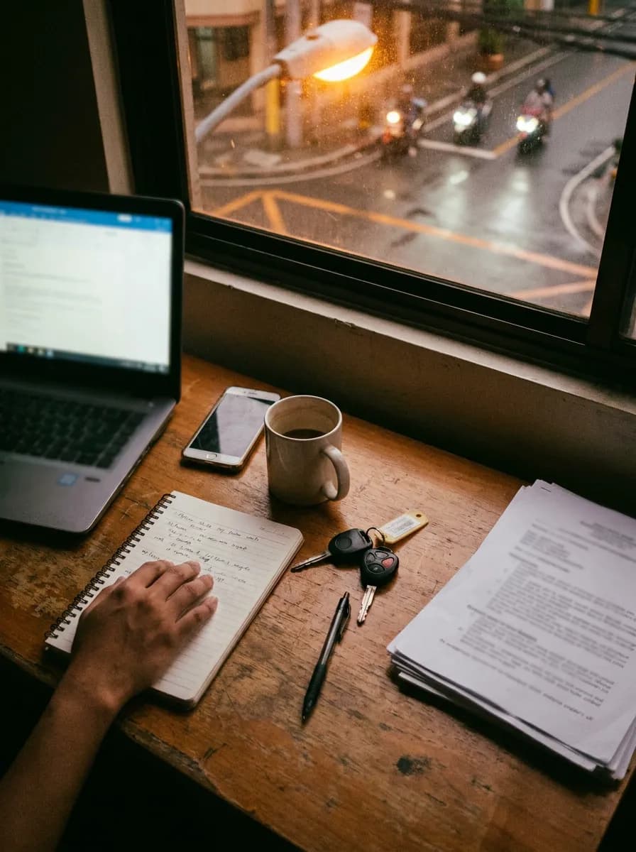 An operator's desk by a window at dusk, laptop open beside a notebook and car keys
