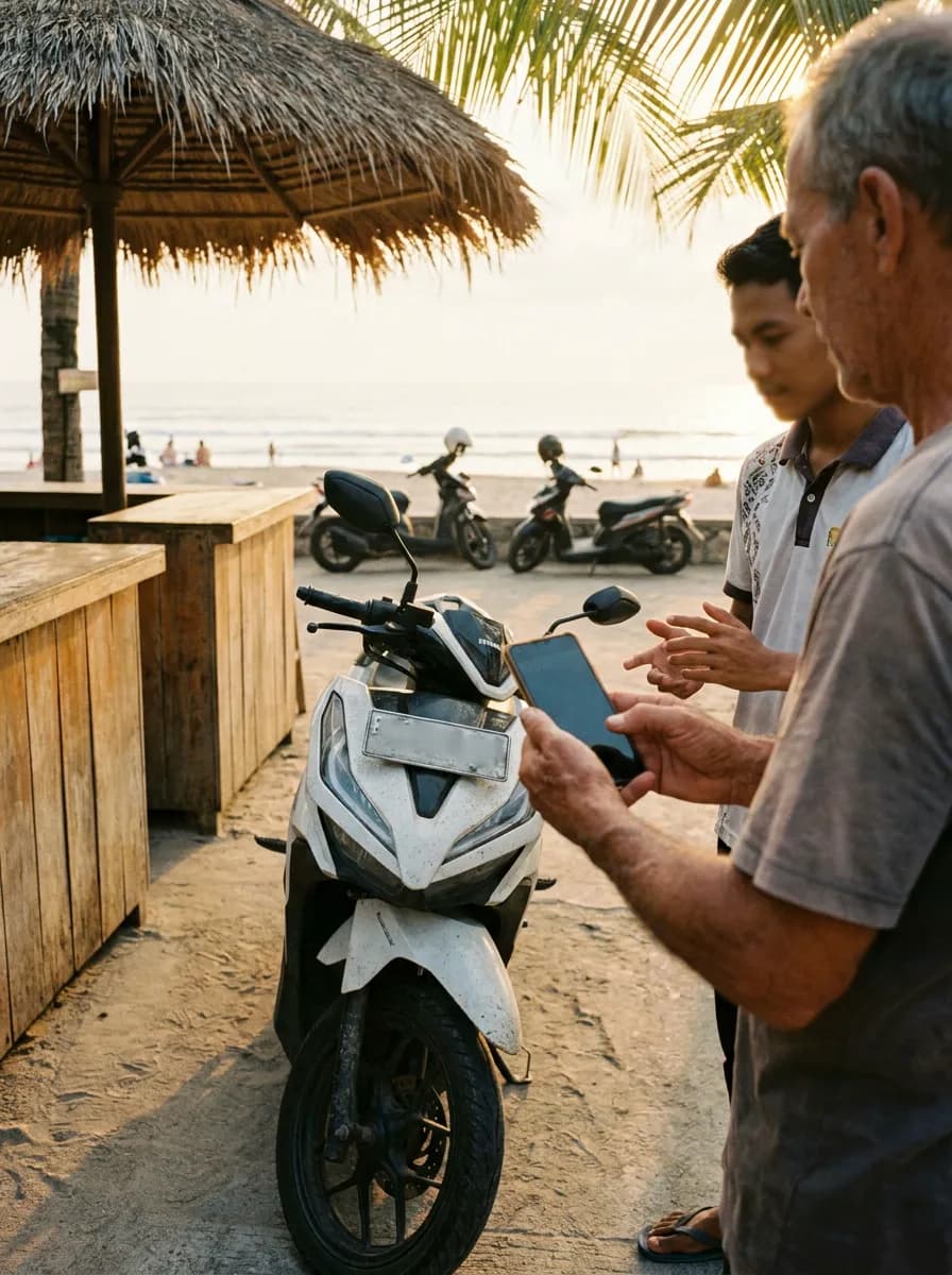 A scooter rental owner shows a new staff member how to photograph a scooter with a phone at a beach stand