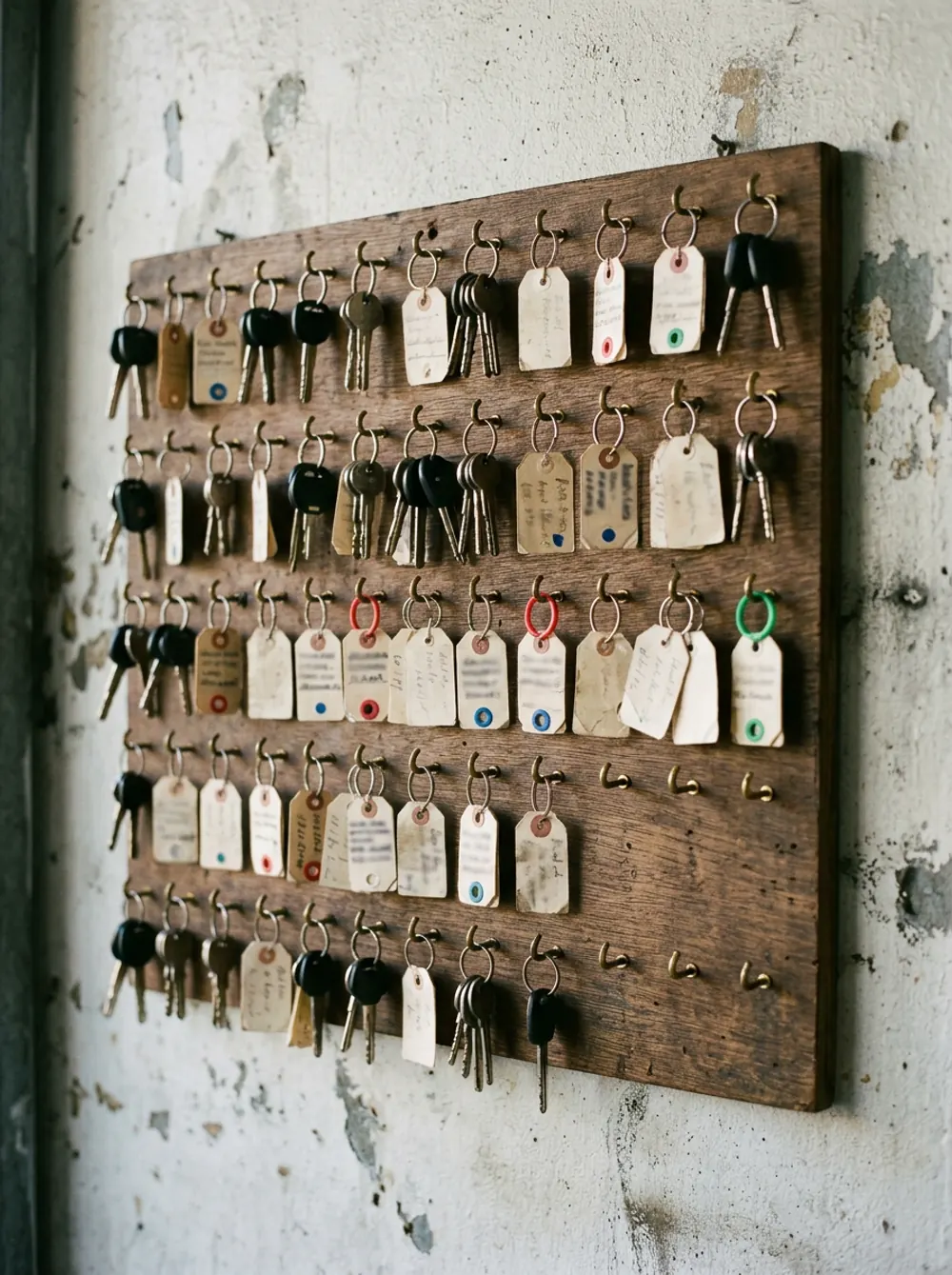 A wooden key board on a weathered wall, every car key on its own hook with a handwritten paper tag