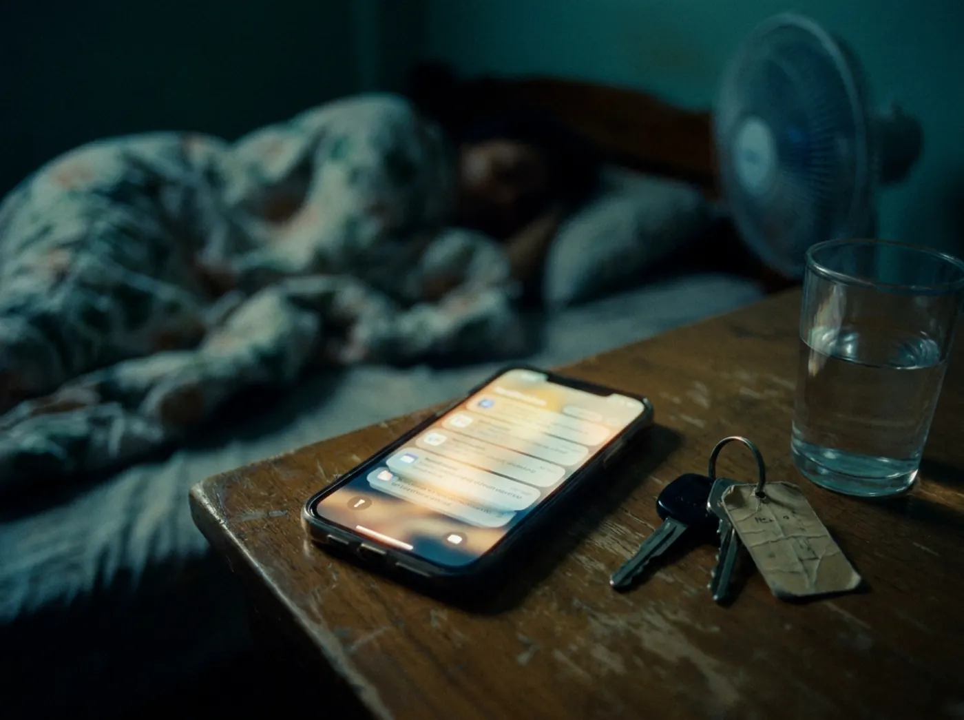 A phone lighting up with rental enquiries on a bedside table at night while its owner sleeps