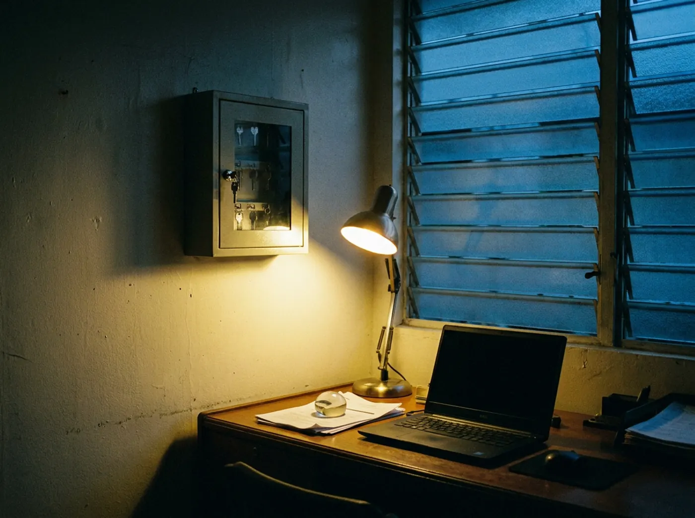A locked key cabinet on the wall of a small rental office at night