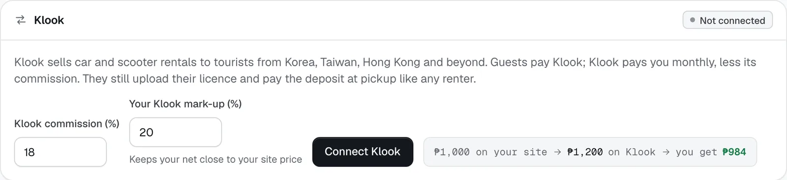 The Klook card: commission, your mark-up, and what a ₱1,000 day becomes on Klook and after commission