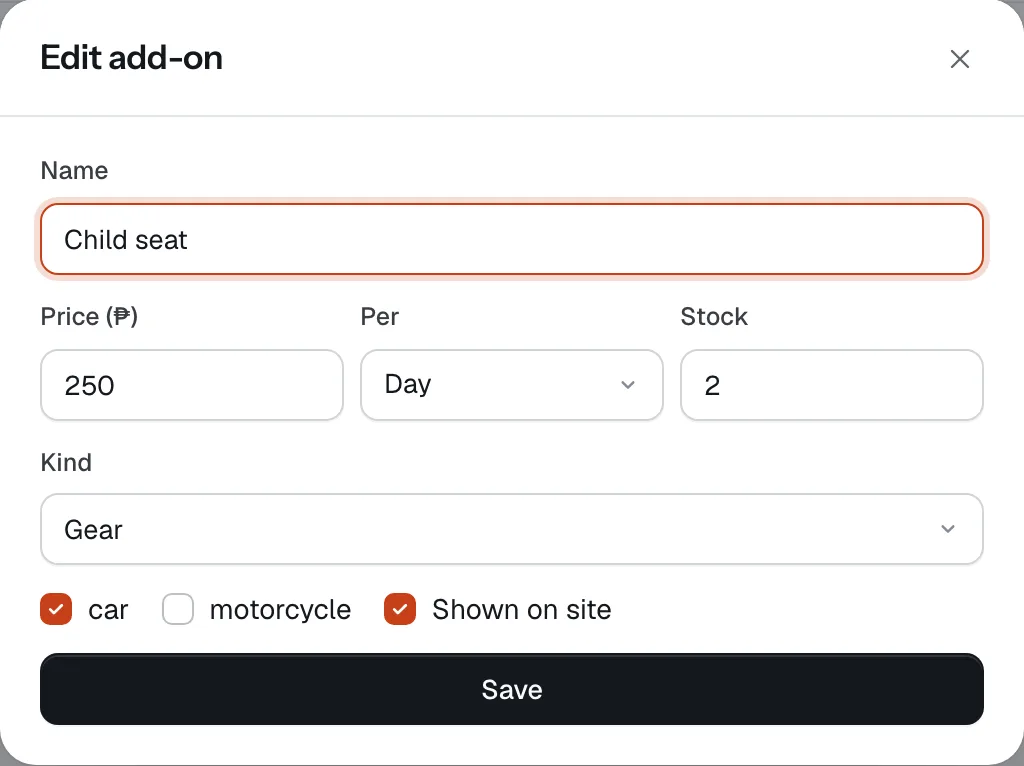 Editing the Child seat add-on: name, price per day or booking, stock, kind, vehicle types and Shown on site