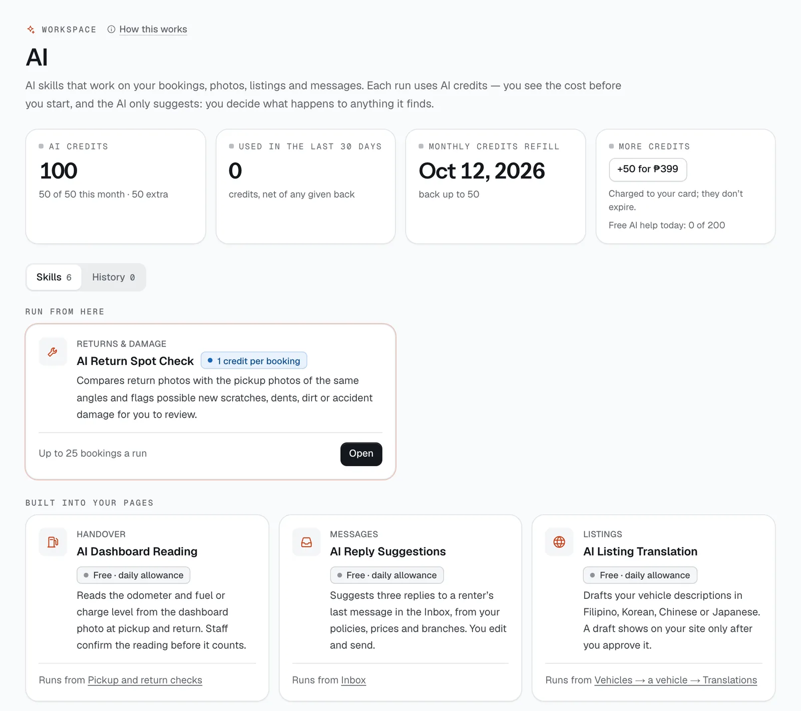 The AI skills & credits page in the CeeRent dashboard
