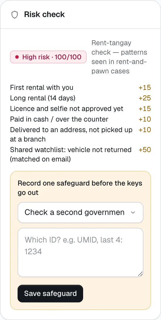The risk check on a high-risk booking, with the reasons for the score and the safeguard form