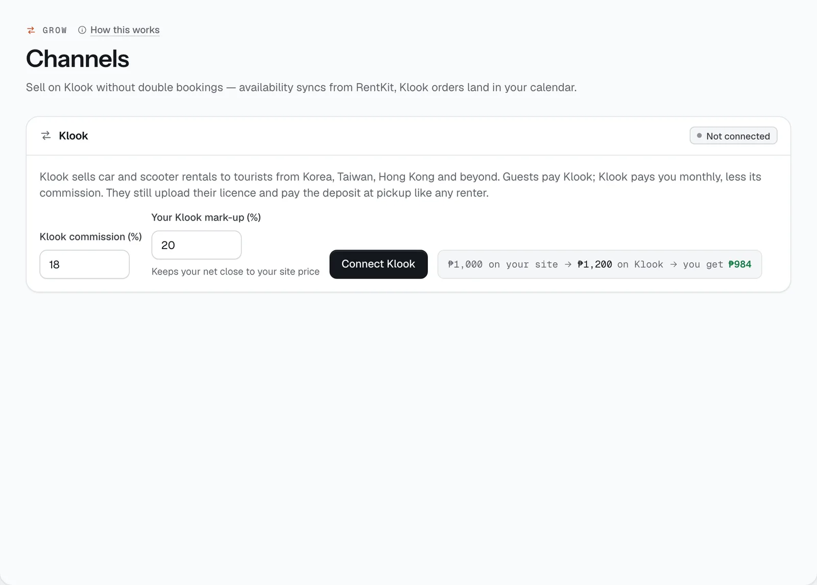 The Channels (Klook) page in the CeeRent dashboard