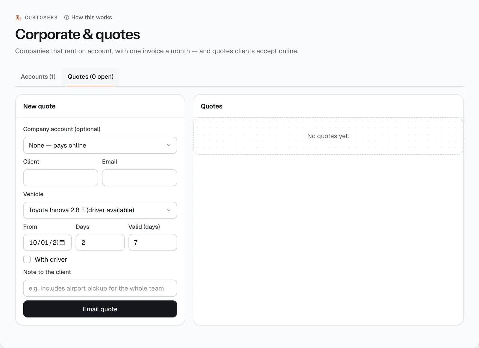 The Quotes tab: the New quote form and the list of quotes