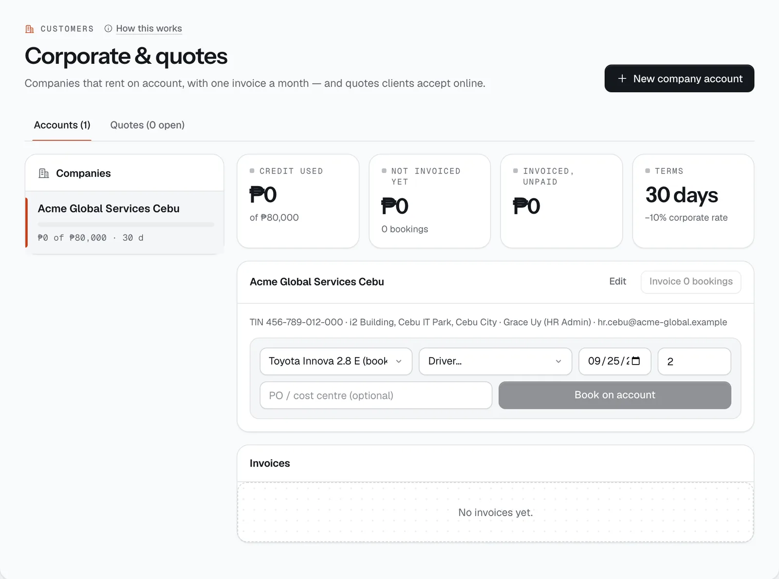 The Corporate & quotes page in the CeeRent dashboard