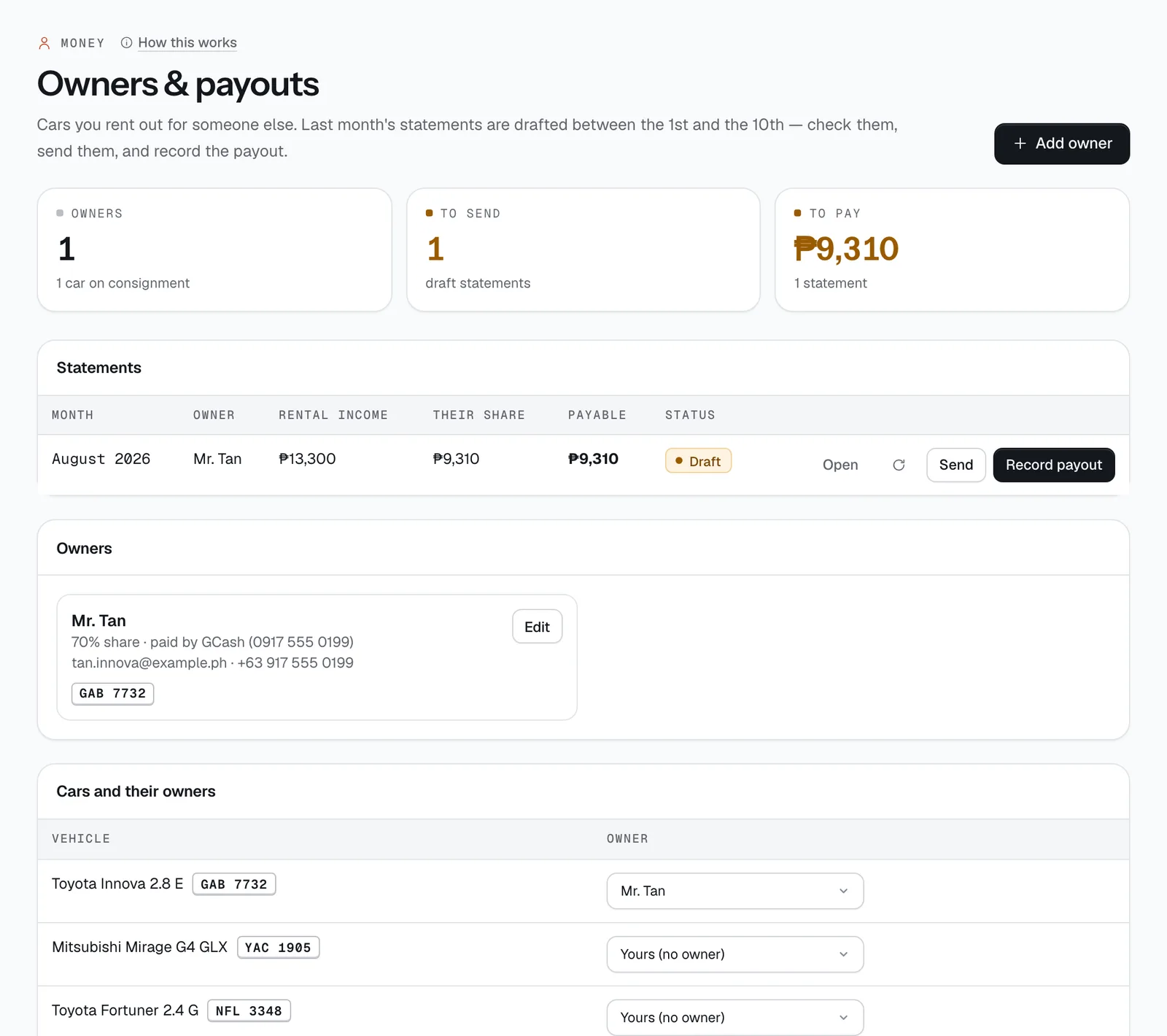 The Owners & payouts page in the CeeRent dashboard