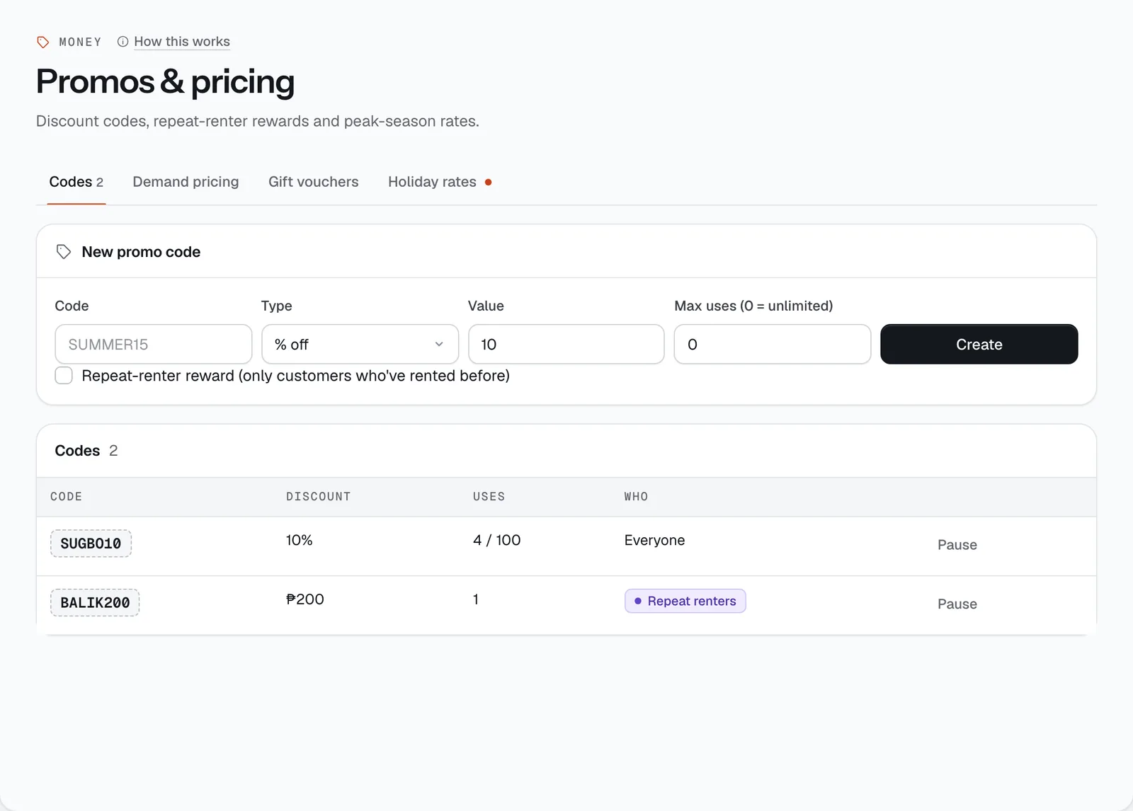 The Promos & pricing page in the CeeRent dashboard