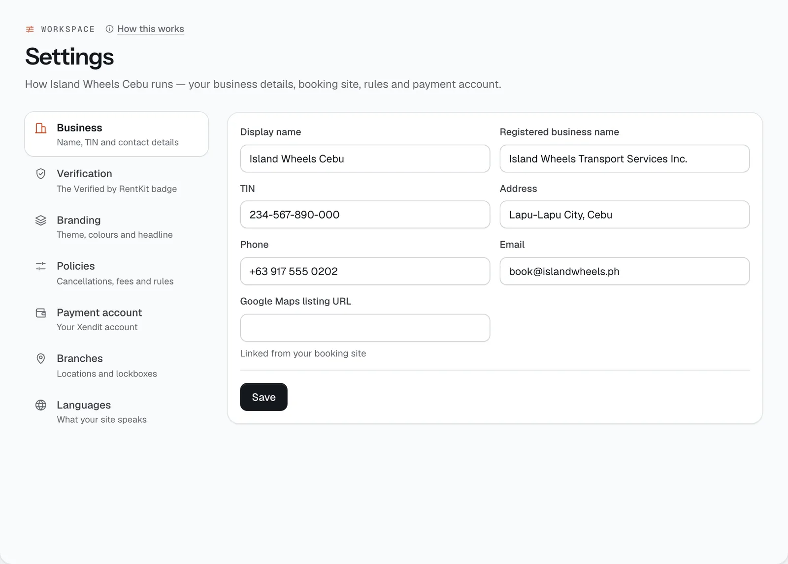 The Settings page in the CeeRent dashboard