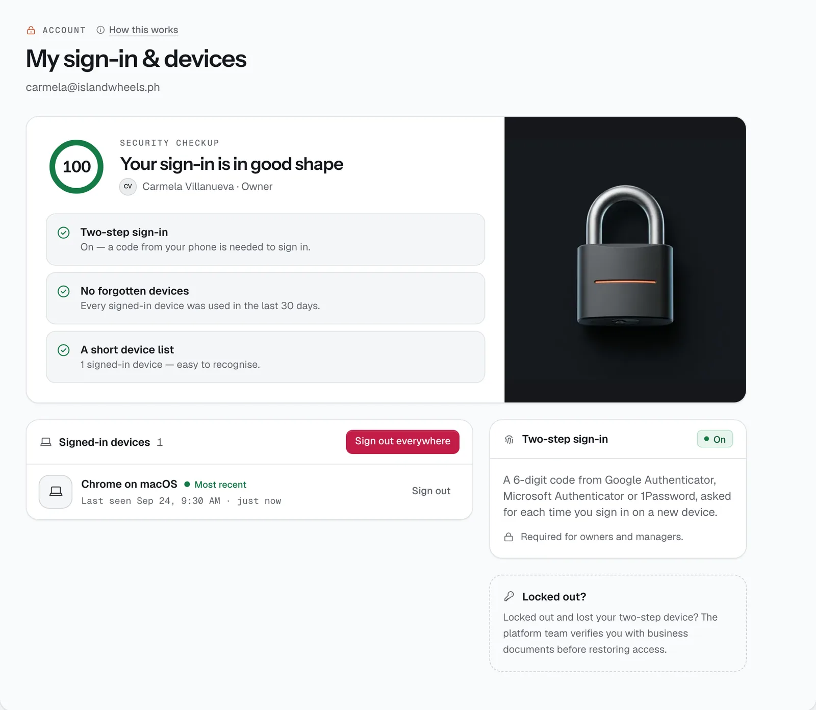 The My sign-in & devices page in the CeeRent dashboard