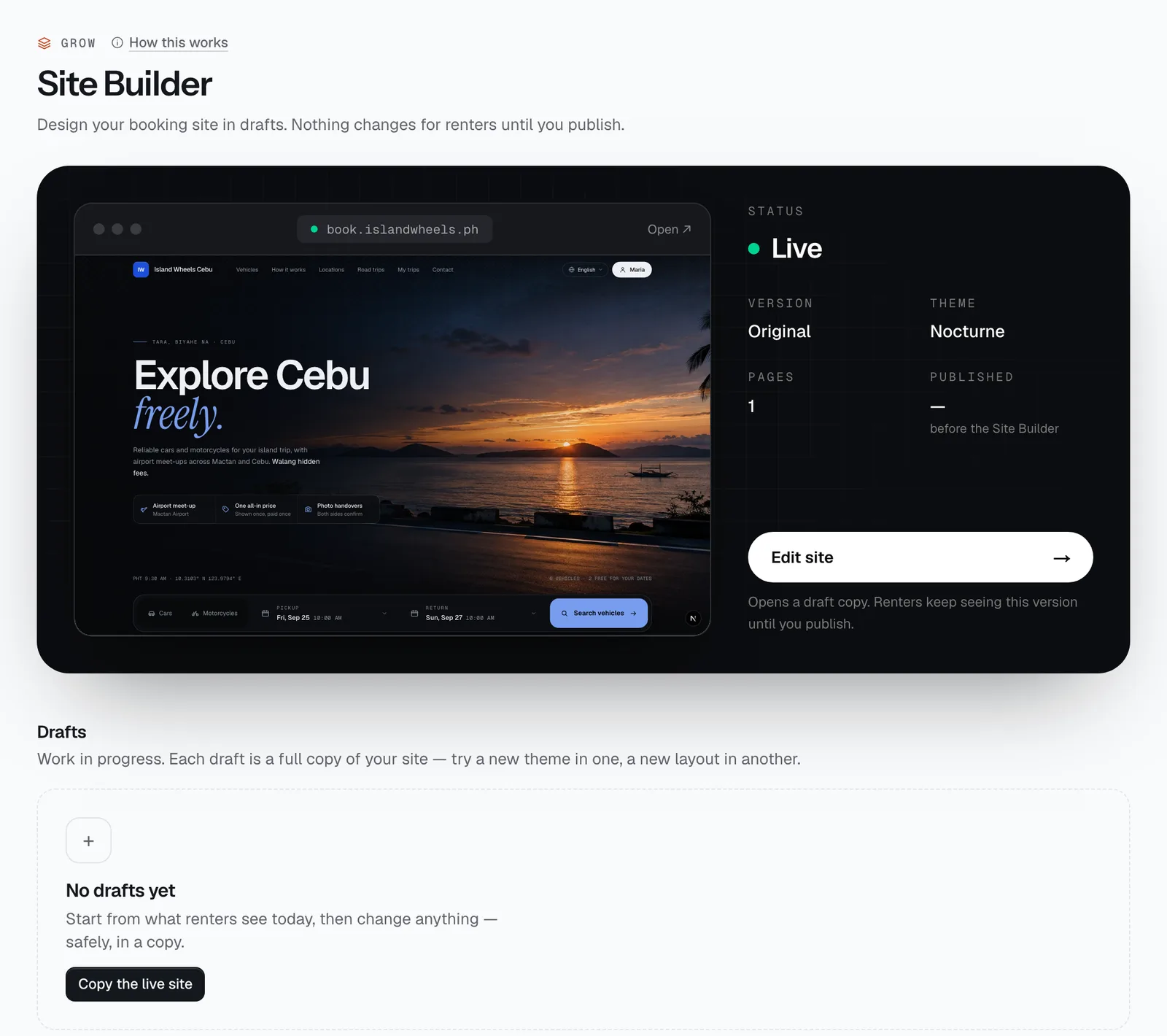 The Site Builder page in the CeeRent dashboard