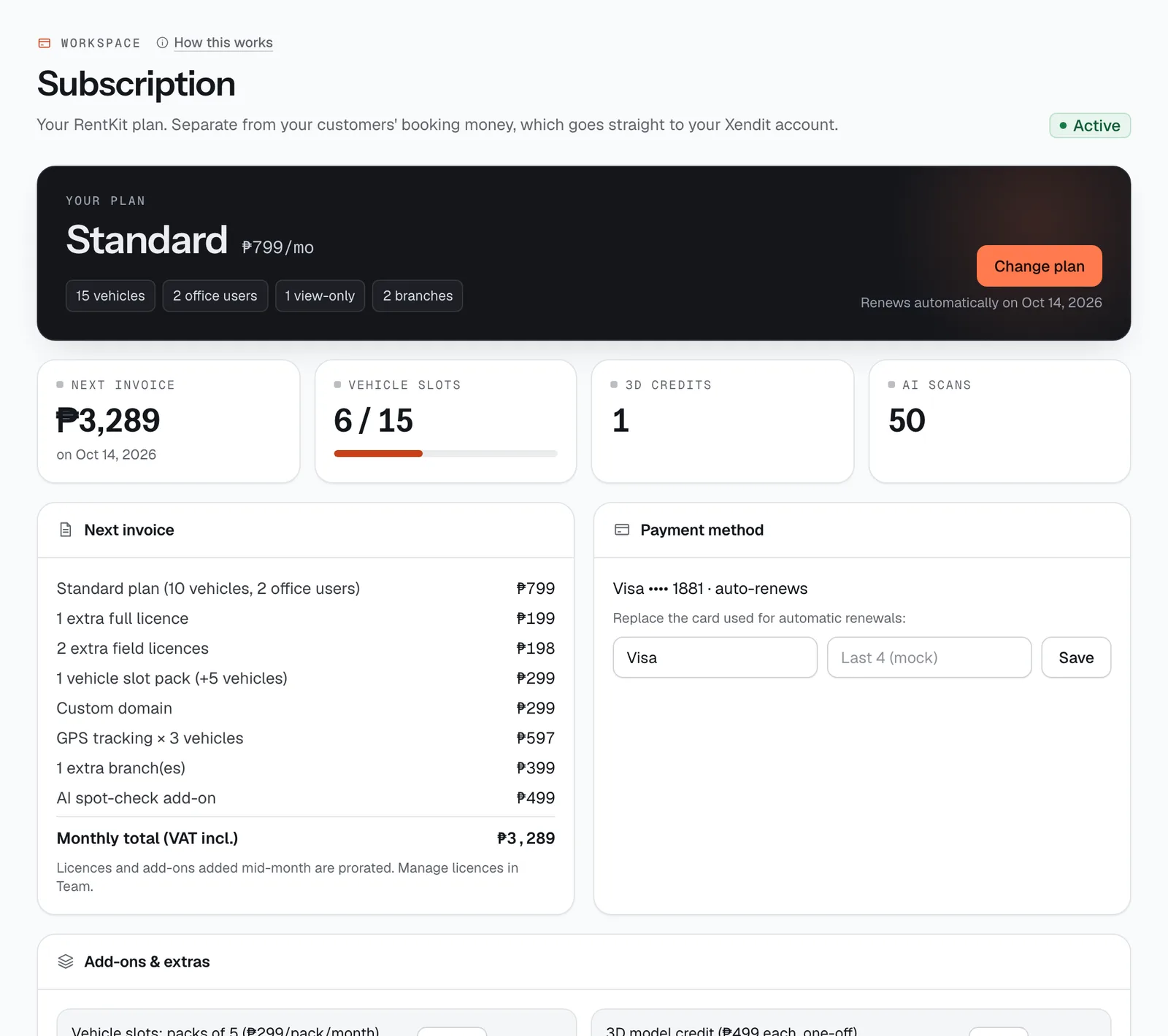 The Subscription page in the CeeRent dashboard