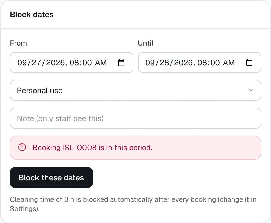 The Block dates card: From and Until, a reason, a staff-only note and the Block these dates button