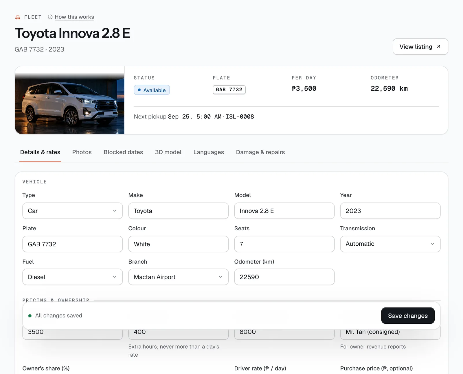 A vehicle's page: status, plate, daily rate and odometer at the top, then the six tabs and the Details & rates form