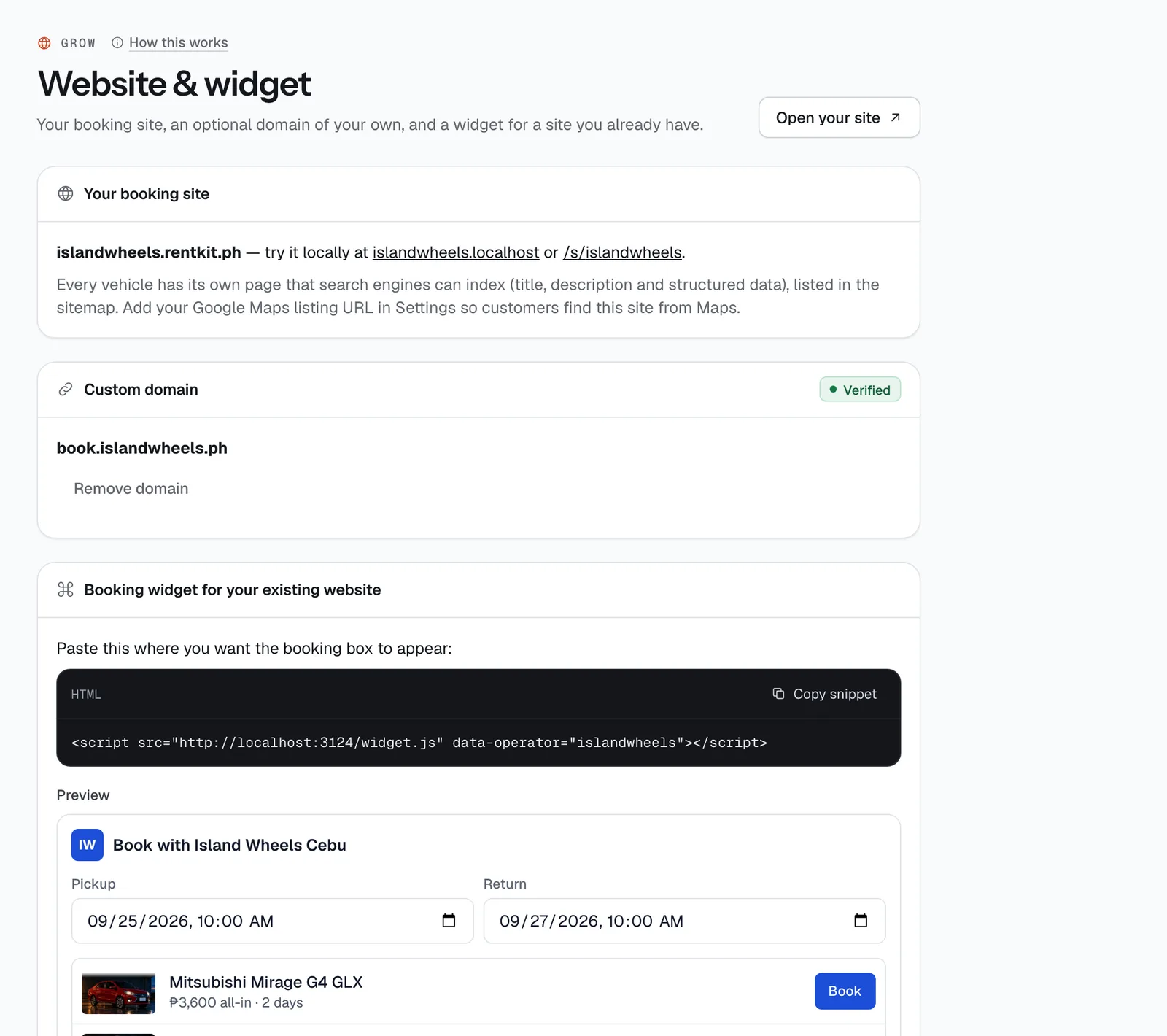 The Website & widget page in the CeeRent dashboard