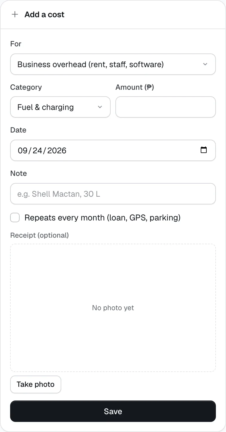 The Add a cost form with vehicle, category, amount, date, note, the monthly repeat option and a receipt photo