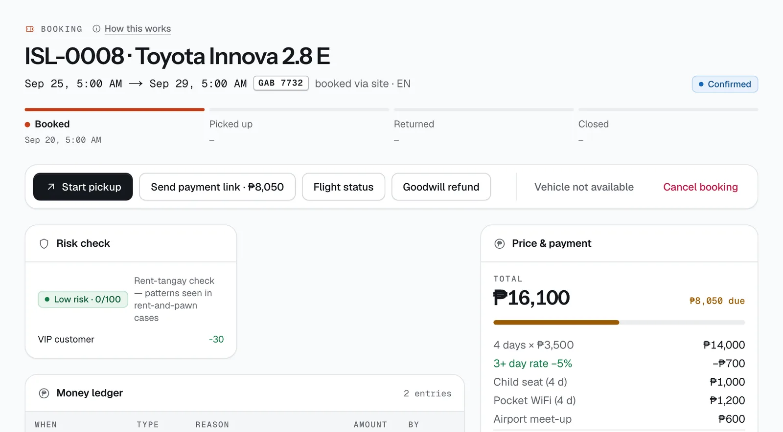 A confirmed booking with the Start pickup button