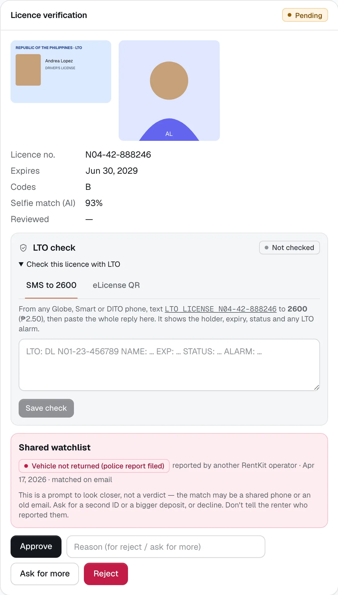 A renter's licence, selfie and details waiting for review, with Approve, Ask for more and Reject