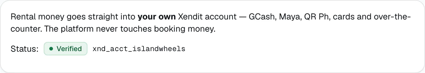 Settings, Payment account: your own Xendit account and its status