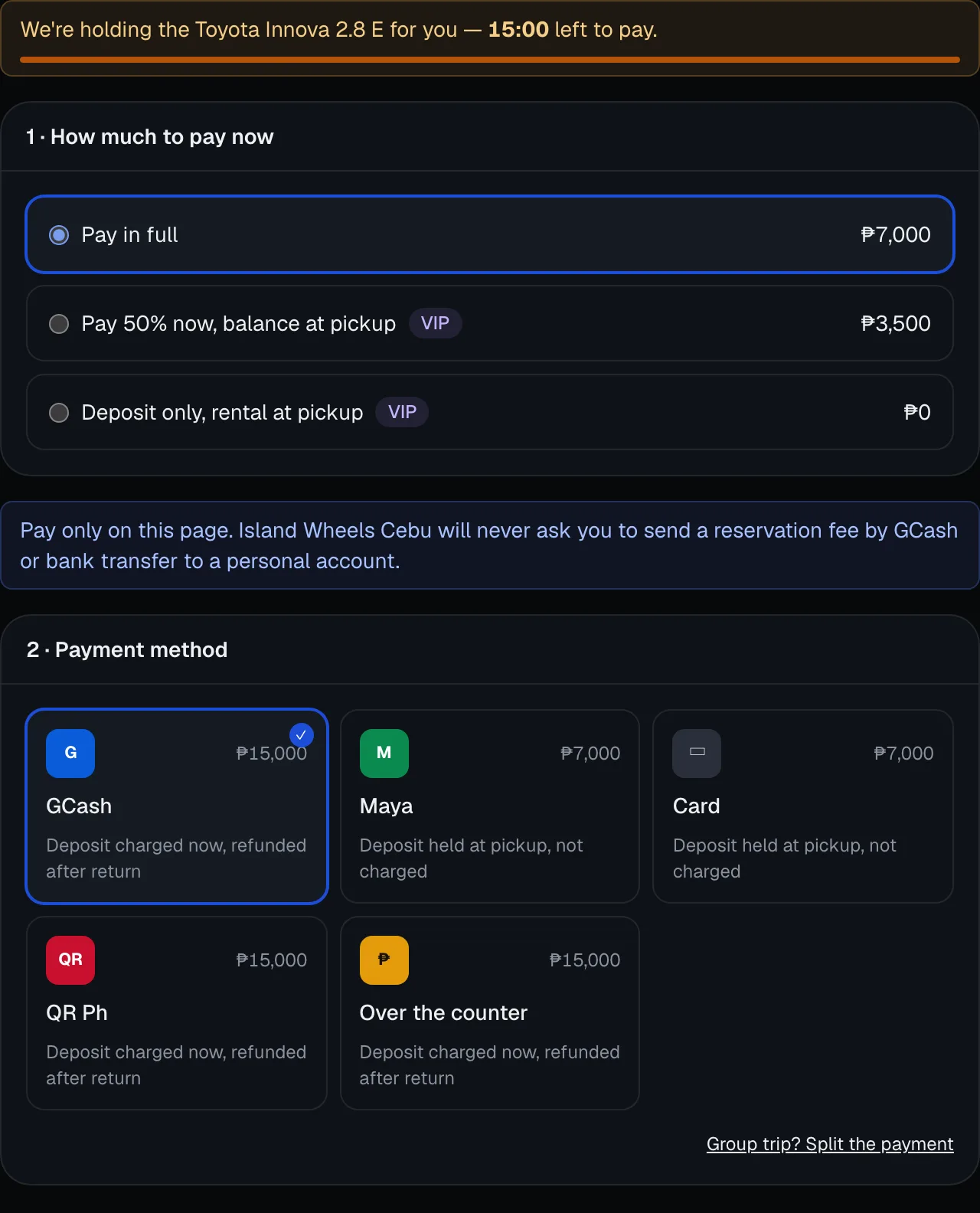 The renter's Review and pay page: how much to pay now and the payment methods