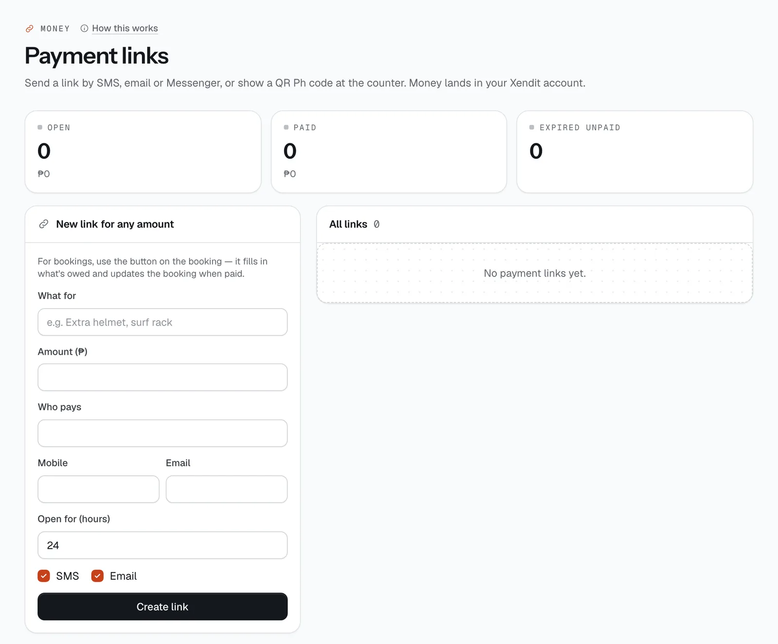 Payment links: a new link for any amount, and every link with its status