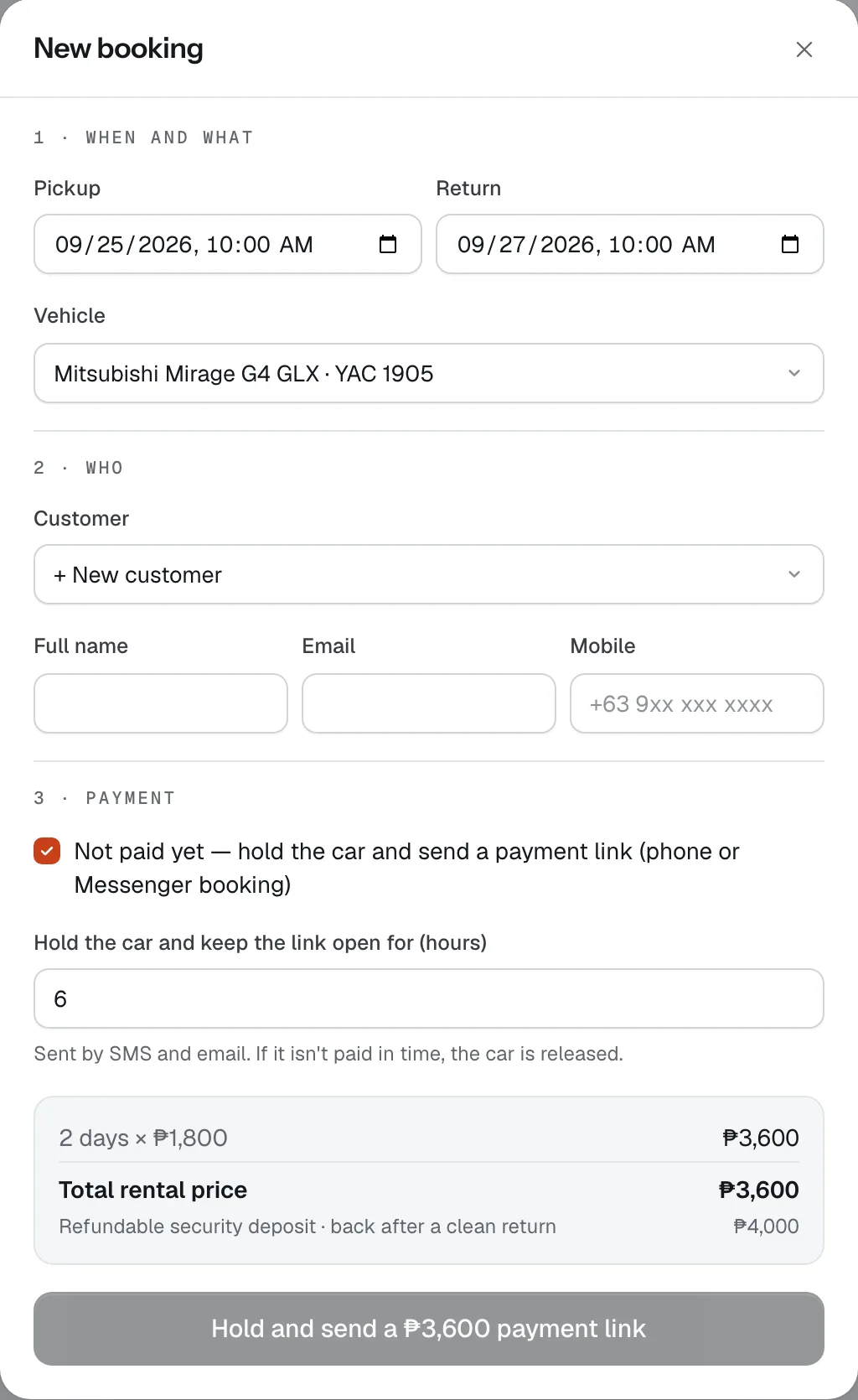 New booking: hold the car and send a payment link instead of taking money now