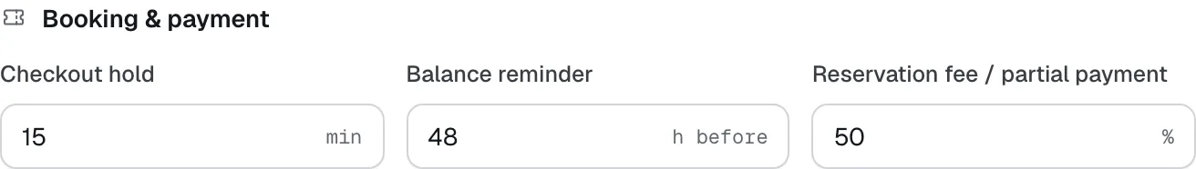 Settings, Policies: checkout hold, balance reminder and the reservation fee