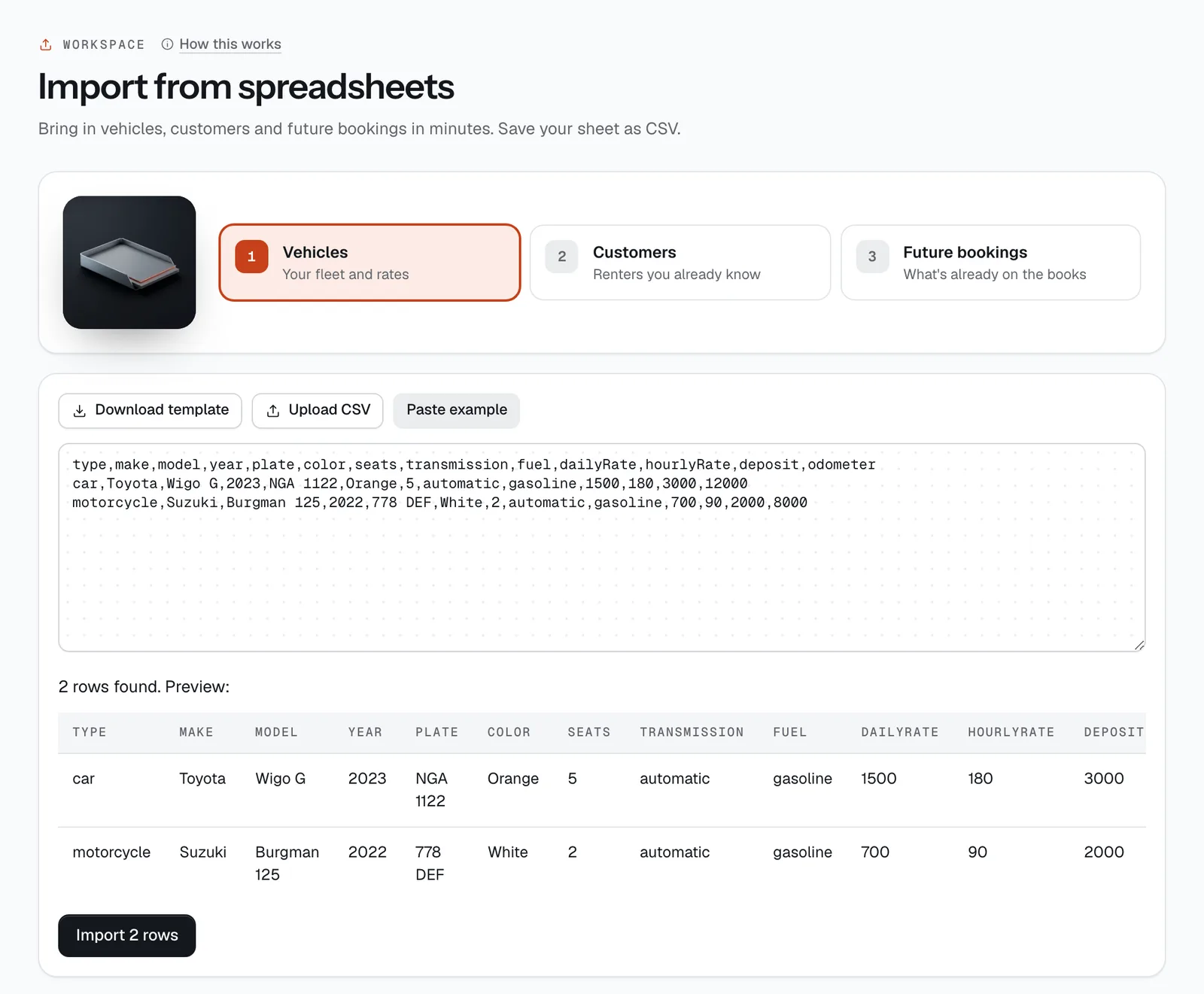 A pasted vehicles file with its preview table and the Import button
