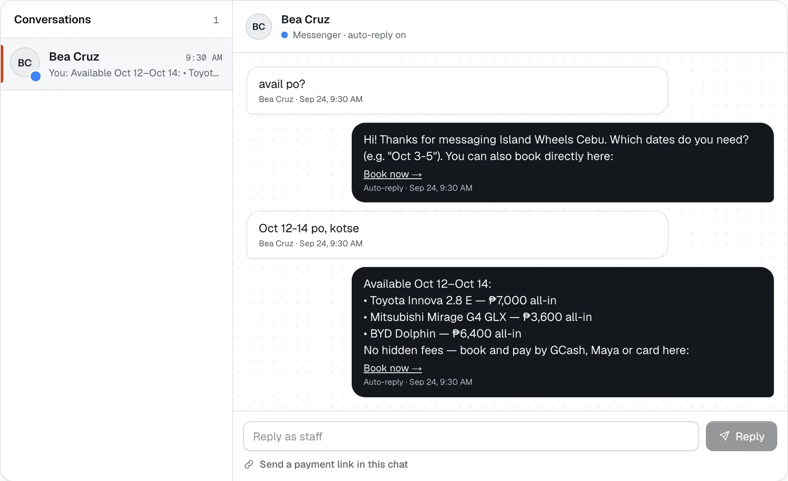 A Messenger chat: “avail po?” gets a question about dates, and dates get a list of free vehicles with prices