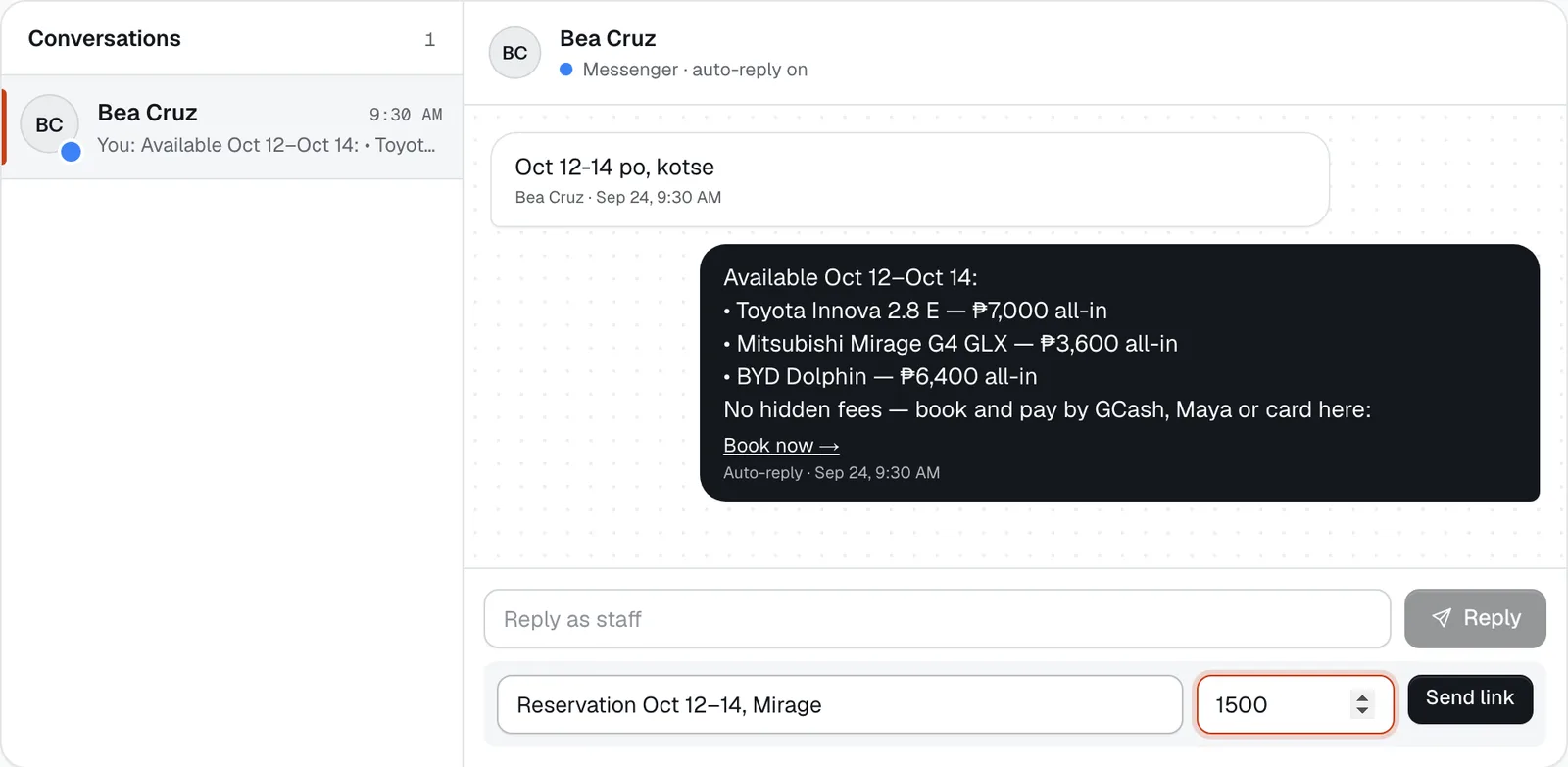 Replying as staff and sending a payment link inside a chat