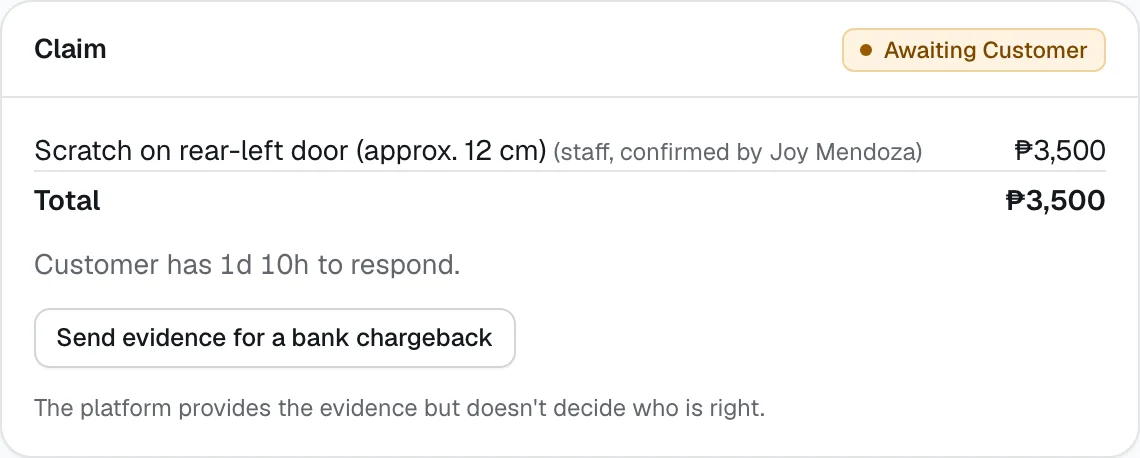 A claim waiting for the renter, with the time left to respond