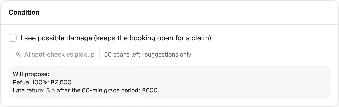 The Condition section of a return check: possible damage, AI spot-check and the charges it will propose