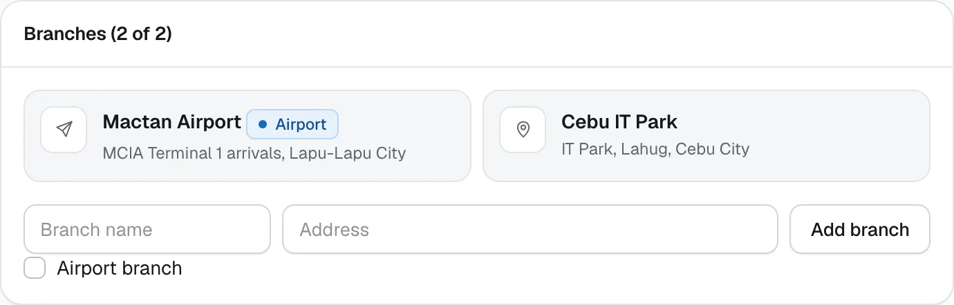 Settings, Branches: your branches and the form to add one