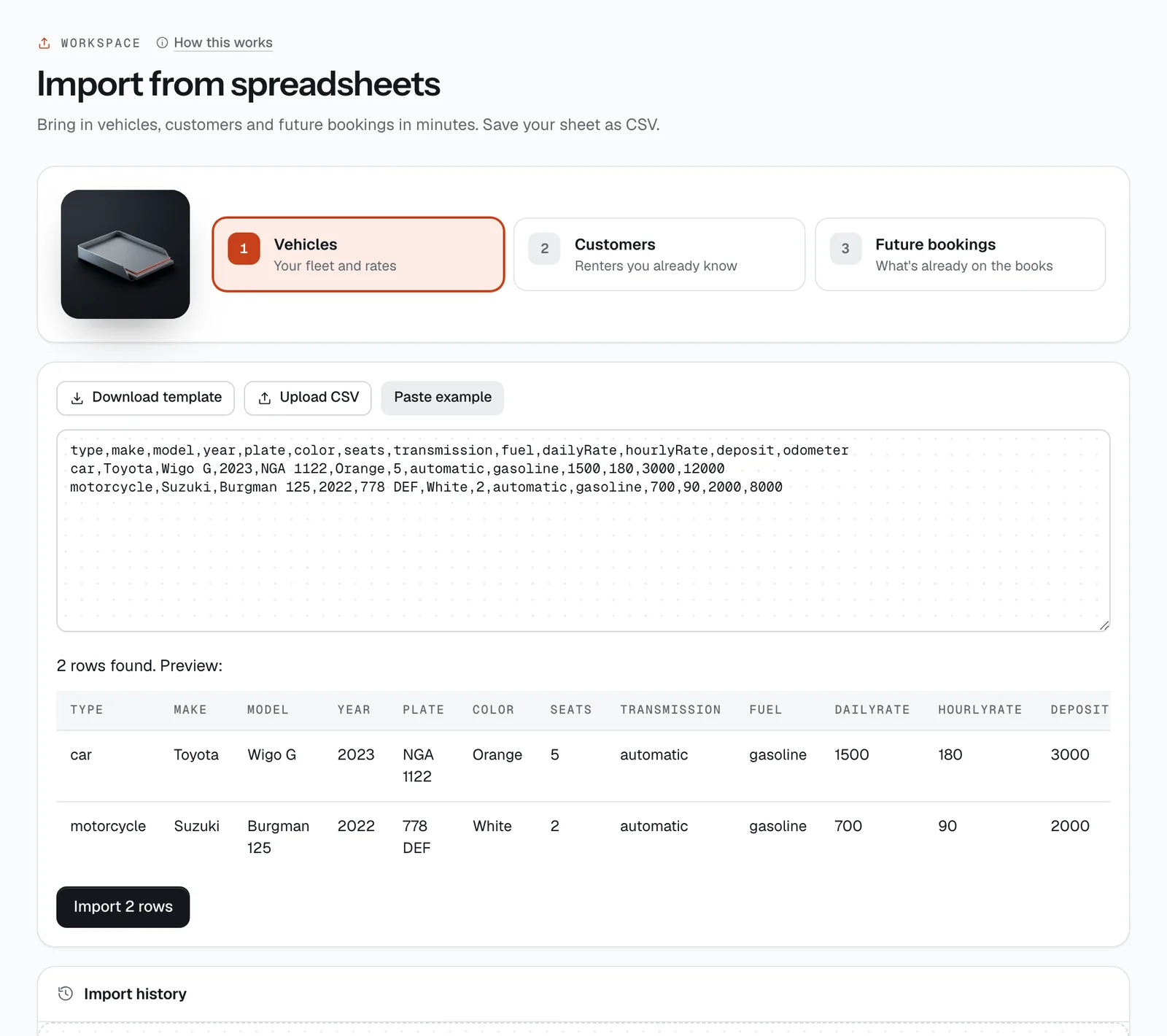 Import from spreadsheets with the vehicles example pasted in and a preview of the rows