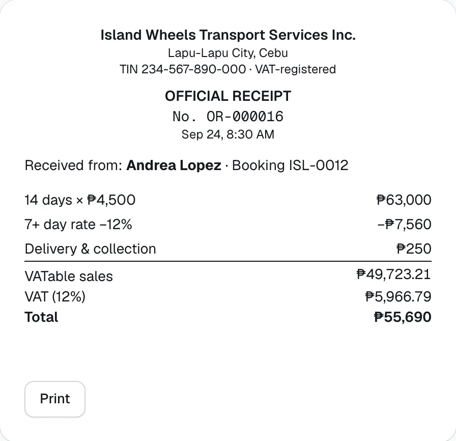 A printable official receipt with the business name, TIN, receipt number, lines, VATable sales, VAT and total