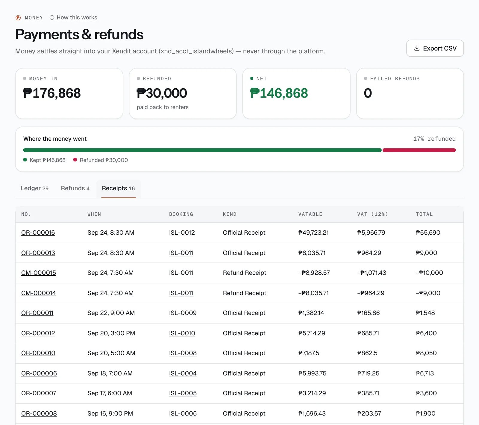The Receipts tab of Payments & refunds, with official receipt numbers, VATable amount, VAT and total