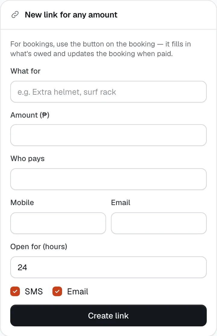 The New link for any amount form: what for, amount, who pays, mobile, email, hours open and how to send it