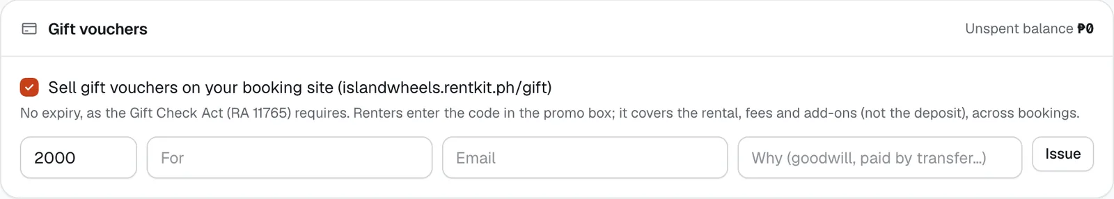 The Gift vouchers card: selling vouchers on your site, issuing one, and the unspent balance